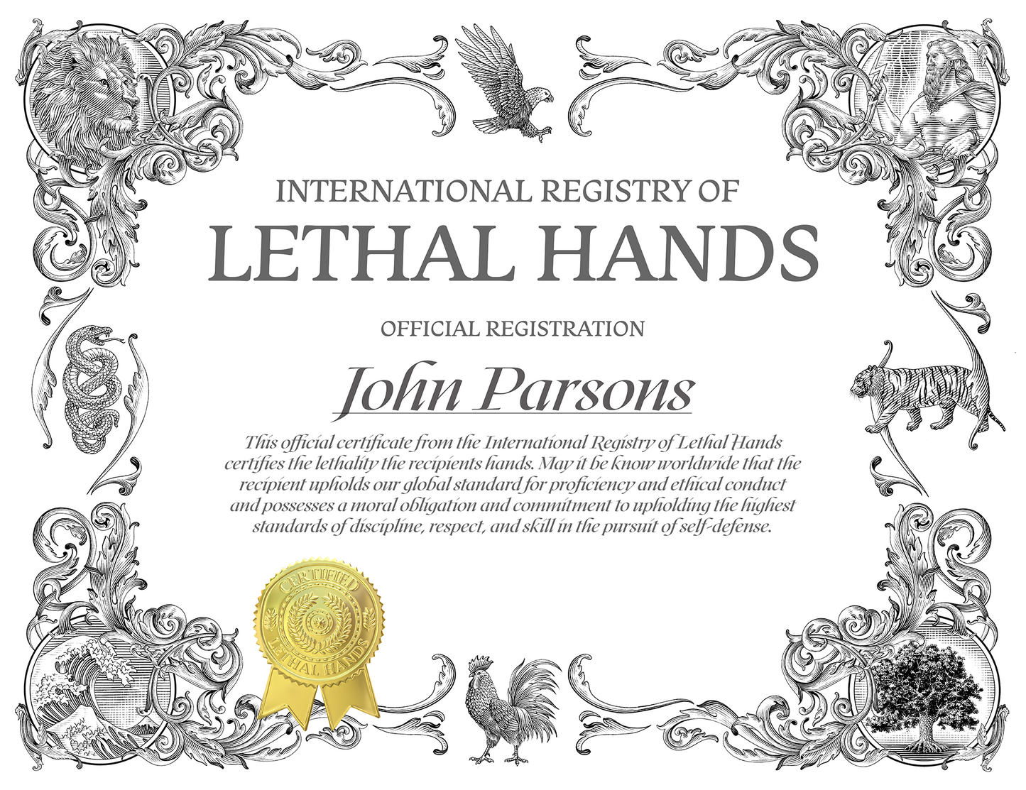 Official Certificate of Lethal Hands