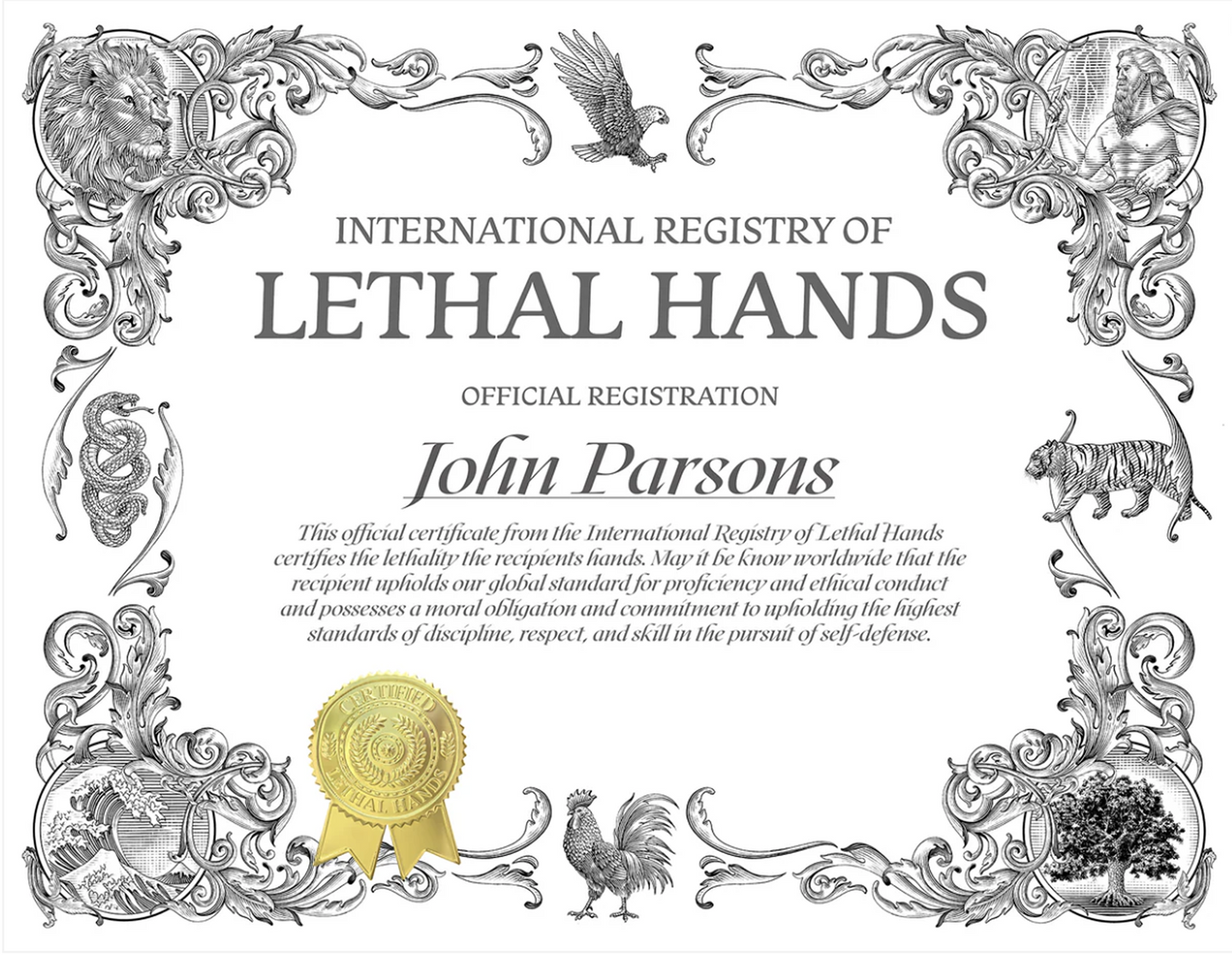 Official Certificate of Lethal Hands