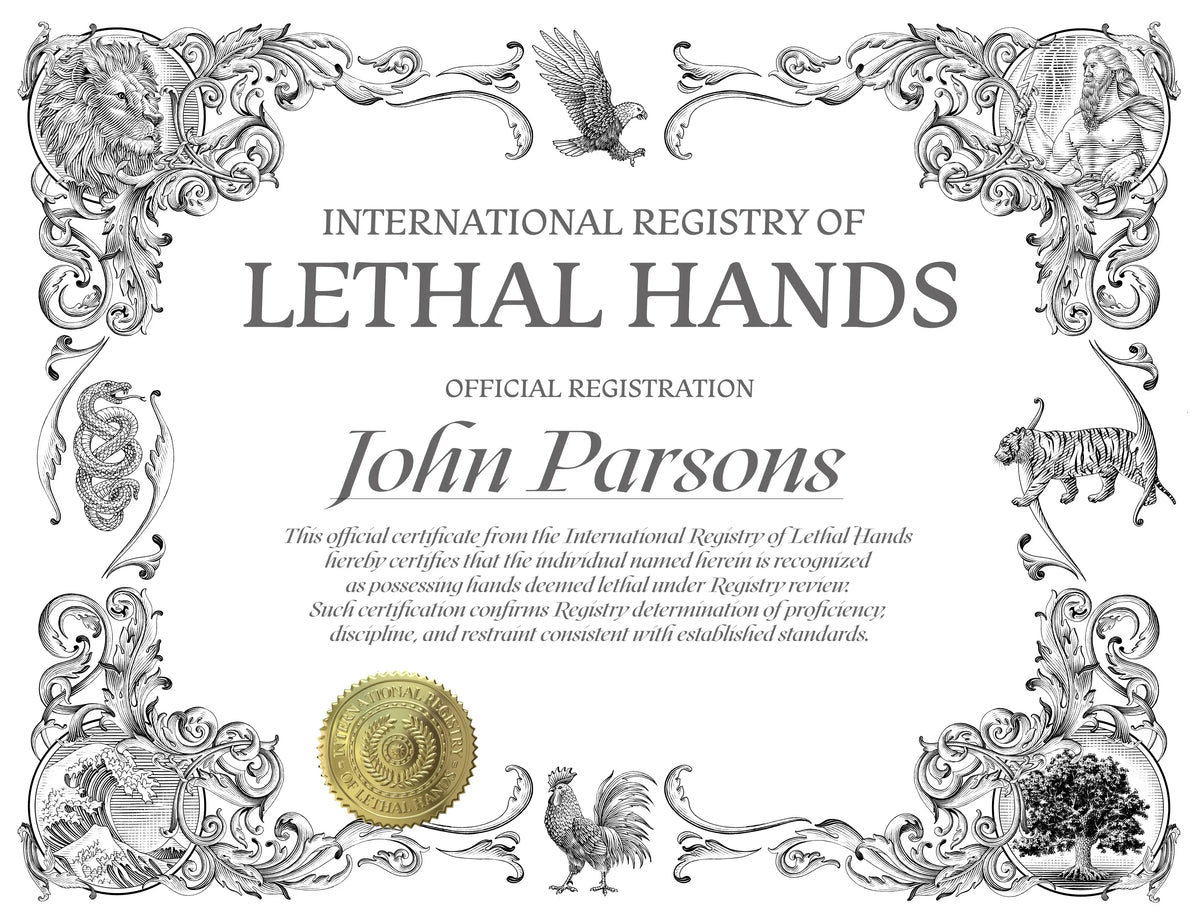 Official Lethal Hands registration certificate