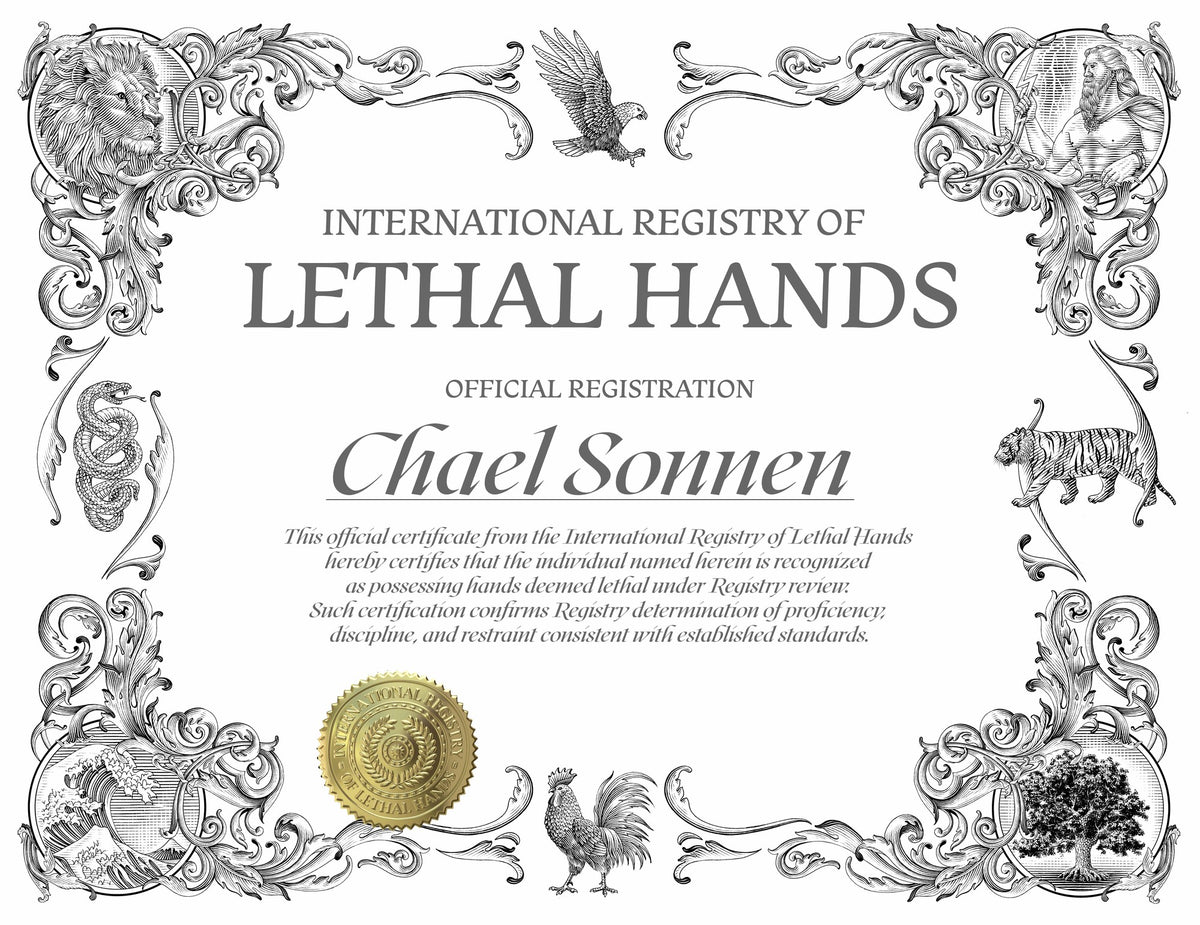 Official certificate of lethal hands